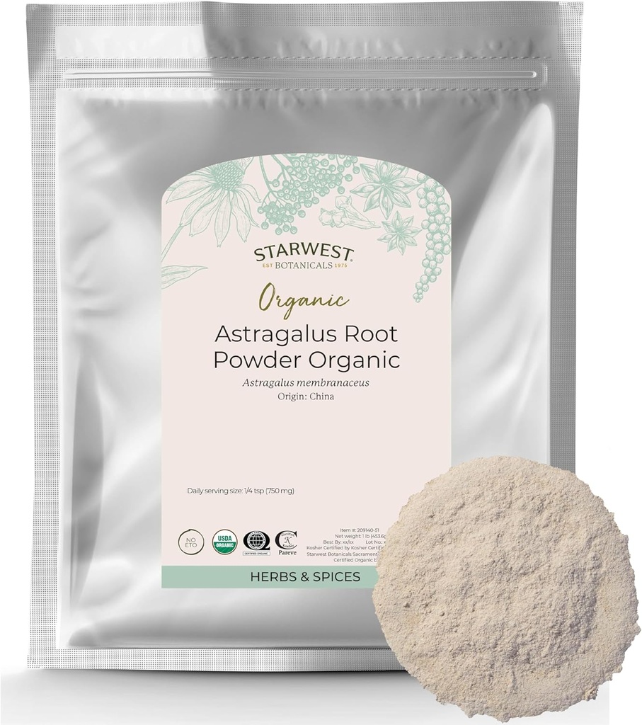 Starwest Botanicals Bio Astragalus Root Powder - Herbe séchée pour thé, Natural Immune Support, Promotes Wellness, Certified Kosher, Non-OGM- Bulk 1 lb Sac