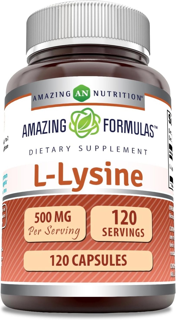Formules étonnantes L-Lysine 500 mg Capsules Amino Acid Supplement (Acide Amino) Non-GMO (Sans gluten) Fabriqué aux États-Unis (120 Nombre)
