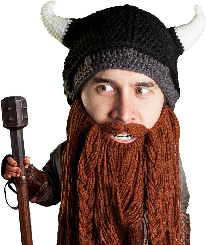 Pillier Viking à tête de barbe - Casque de corne Viking fait main d'origine et ours brun/noir amovible