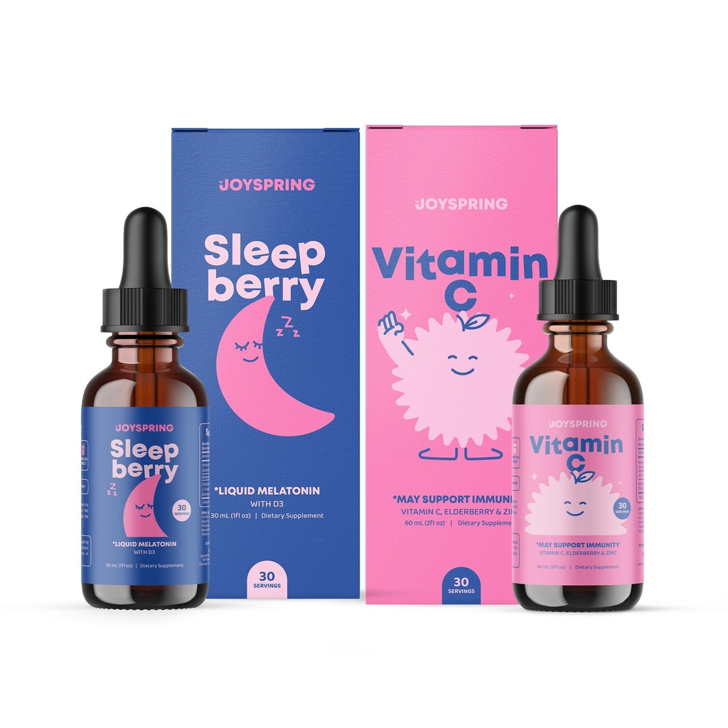 JoySpring Vitamine C gouttes pour les enfants - Immune Support avec Zinc et Elderberry et SleepBerry Melatonin pour les enfants avec Elderberry