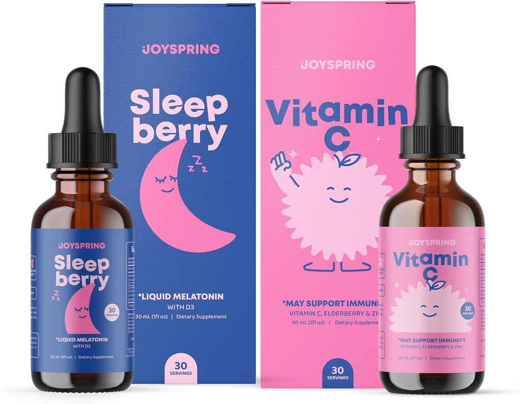 JoySpring Vitamine C gouttes pour les enfants - Immune Support avec Zinc et Elderberry et SleepBerry Melatonin pour les enfants avec Elderberry