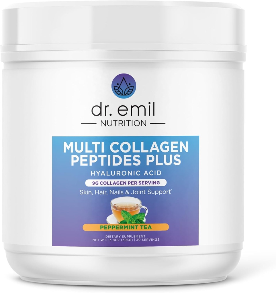 DR. EMIL NUTRITION Multi collagène Peptides Plus - Thé à la menthe poivrée Saveur de 9g Collagène + acide hyaluronique , Peau, cheveux, ongles et soutien articulaire , Paléo & Kéto-Amiendly, non-OGM, 390g