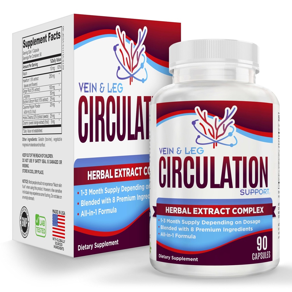 Vein + Leg Circulation Supplement 8-in-1 Formula | Circulation Health Support Supplements | Veins & Legs | Men & Women | 90 Capsules