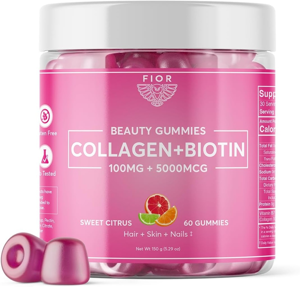 FIOR 60 ct Biotine et collagène Suppléments. Meilleures vitamines collagène et biotine pour la peau et les ongles des cheveux. Collagen Gummies & Biotin Gummies sont la peau de cheveux et les ongles Vitamines Gommies beauté.