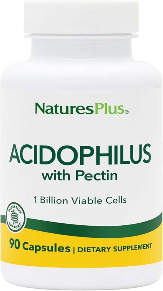 Natures Plus Acidophilus avec Pectine - 90 Capsules - Supplément probiotique avec 1 milliard de cellules viables et Pectine - Vegan, sans gluten - 90 portions