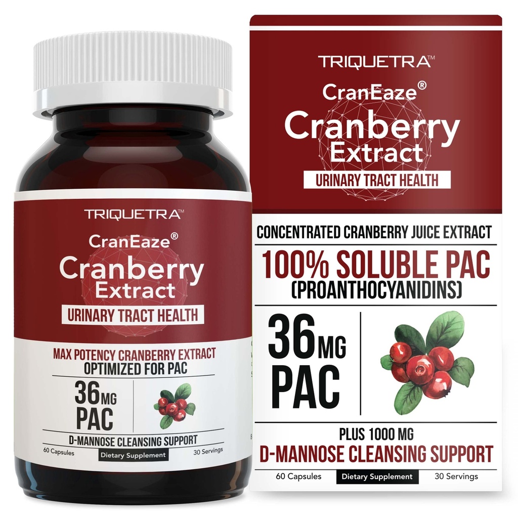 CranEaze®: Extrait de jus de canneberge plus D-Mannose – 36 mg PAC, 100 % PAC soluble - Soutient la santé urinaire – pilules de canneberge les plus efficaces pour les femmes, supplément de canneberge UTI - 60 capsules