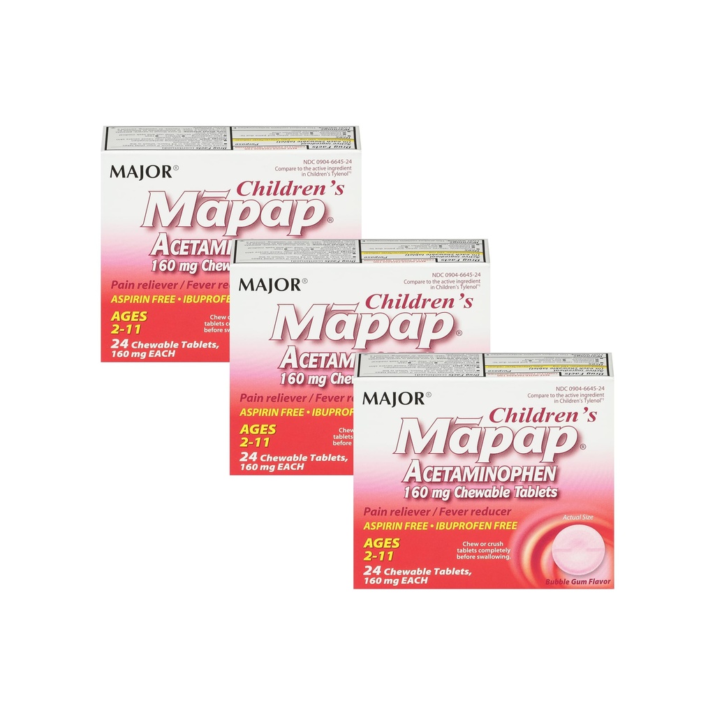 MAJOR Enfants Mapap Acétaminophène 160 mg Comprimés à croquer - Réducteur de douleur/réducteur de fièvre - Aspirine libre - Ibuprofène libre - pour les âges 2 à 11-24 Nombre (3 paquets)