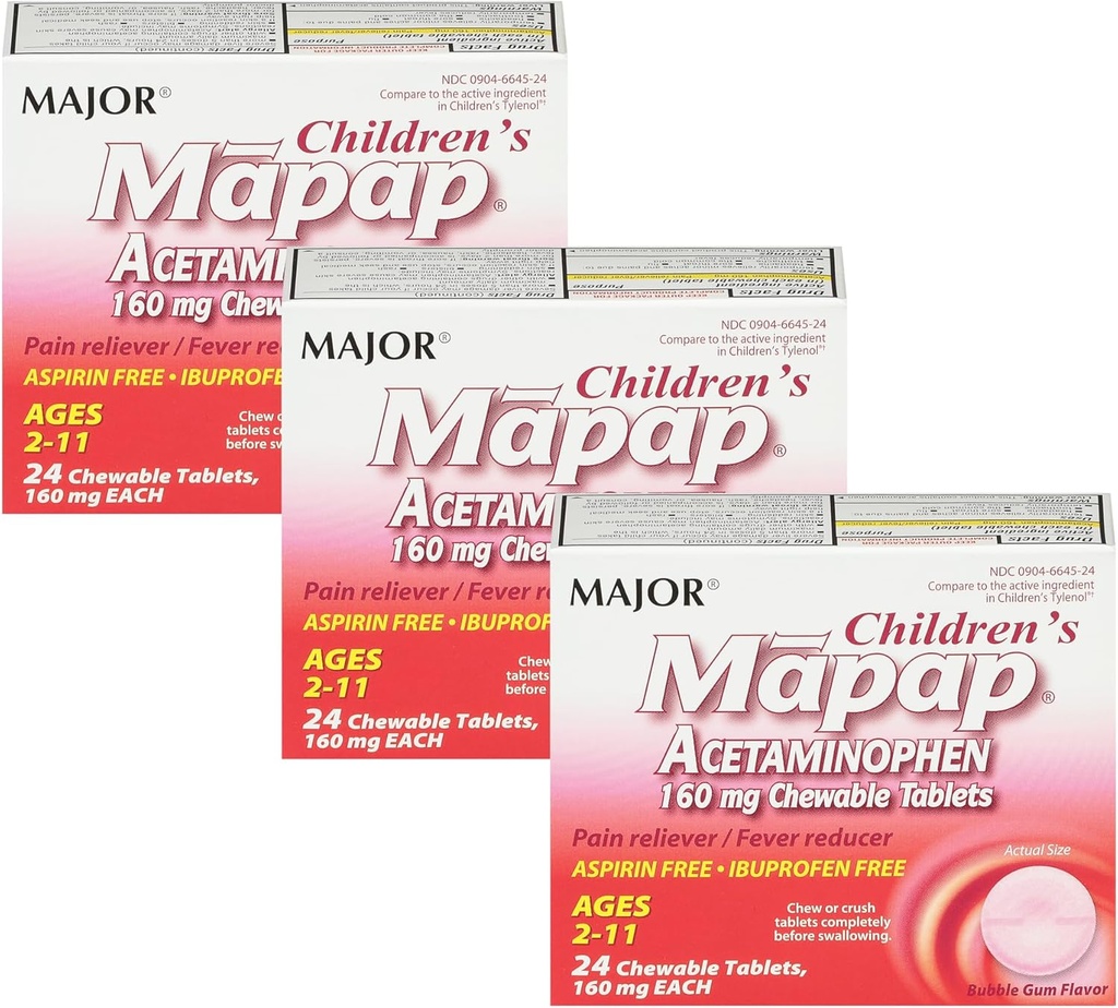 MAJOR Enfants Mapap Acétaminophène 160 mg Comprimés à croquer - Réducteur de douleur/réducteur de fièvre - Aspirine libre - Ibuprofène libre - pour les âges 2 à 11-24 Nombre (3 paquets)