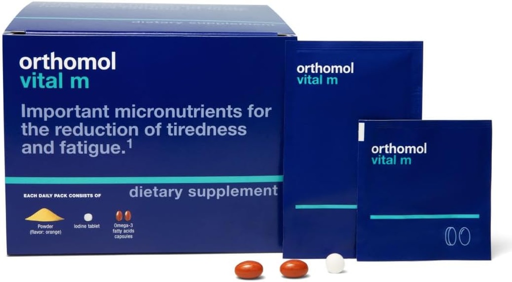 Orthomol Vital M Powder & Tablet Packet pour les hommes, supplément de vitamine 30 jours – énergie quotidienne, réduction de la fatigue et soutien de la vitalité avec les vitamines A, B, C, D, E, K, Oméga-3 et Iodine