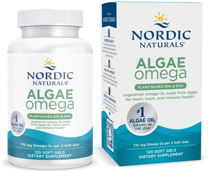 Nordic Naturals Algae Omega - 120 Soft Gels - 715 mg Omega-3 - Certified Vegan Algae Oil - Plant-Based EPA & DHA - Heart, Eye, Immune & Brain Health - Non-GMO - 60 Servings