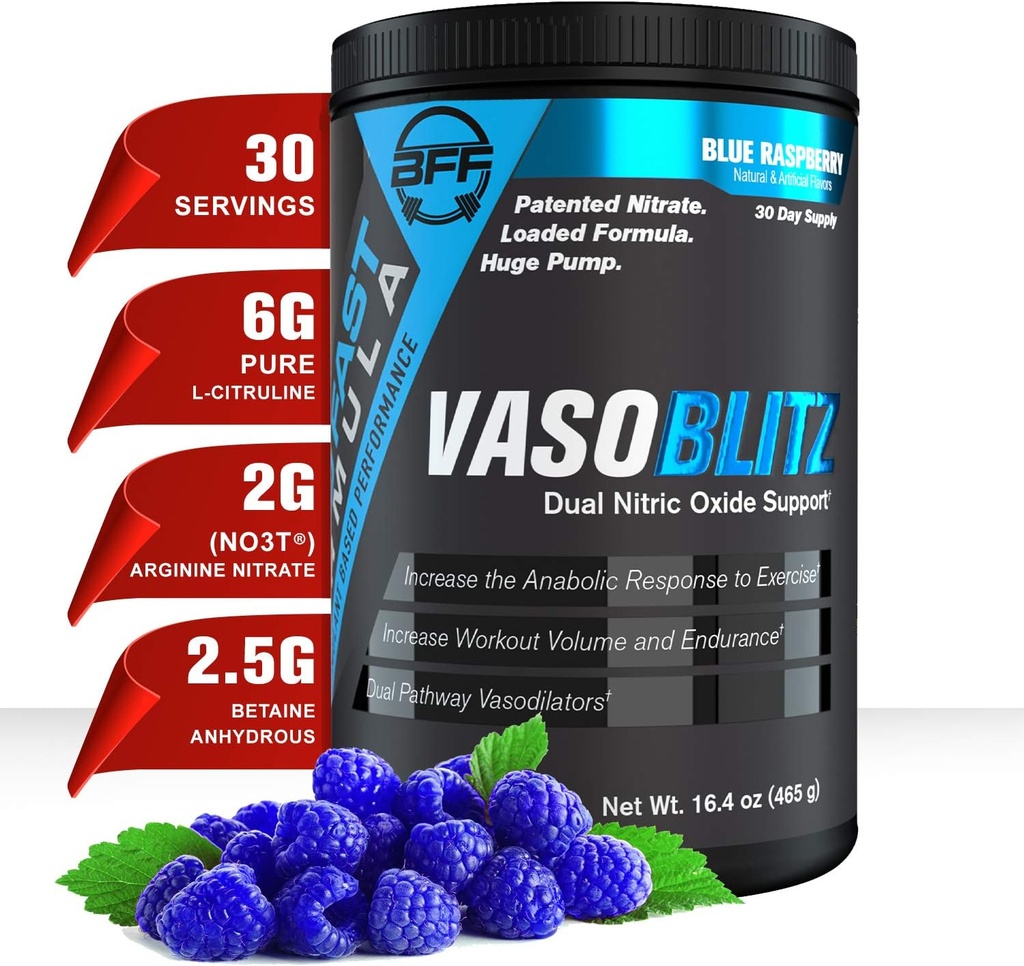 Prix VASOBLITZ Gagnant Dual Nitric Oxide Préentraînement avec NO3T Nitrate d'Arginine,L-Citrulline,Betaine Anhydrous,Calcium Lactate,Caffeine Free for Muscular Endurance(30 Service) (Blue Raspberry)