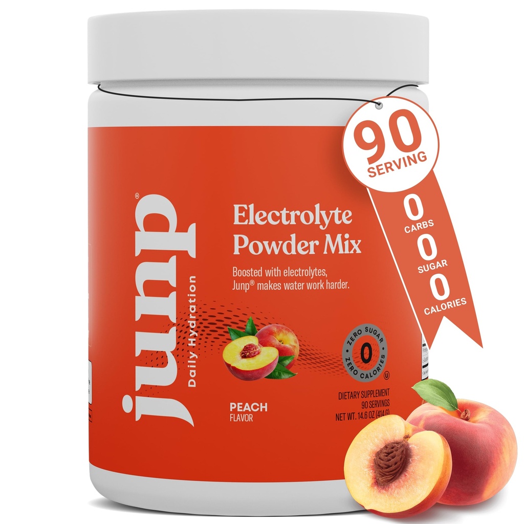 JUNP Electrolytes en poudre Pas de sucre Pas de glucides, Orchard Fresh Juicy Peach Keto Electrolyte Drink Mix, Potassium et sel Poudre d'hydratation Electrolytes Zéro Calorie Sans sucre Poudre d'électrolyte, 90 portions