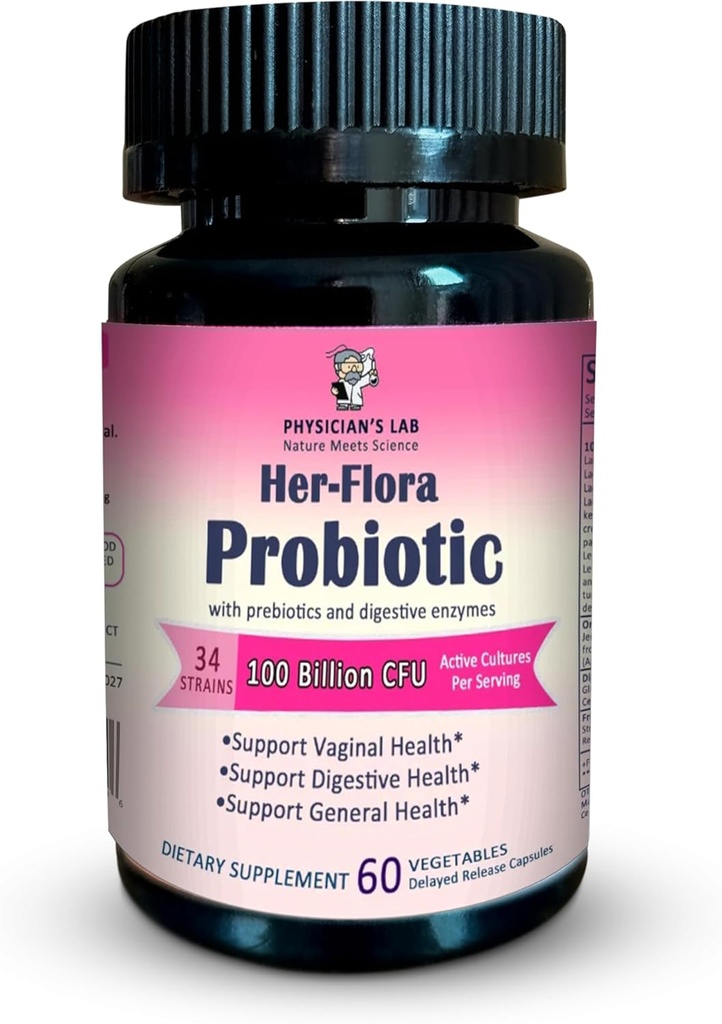 Médecin Labo Her-Flora Femmes Probiotique 100 Million CFU par Capsule, Non-OGM, 34 souches, avec Prébiotiques et enzymes digestives, Gut & Vaginal Health, H.Pylori Support, 60 Veg Caps, 2-Months Supply!