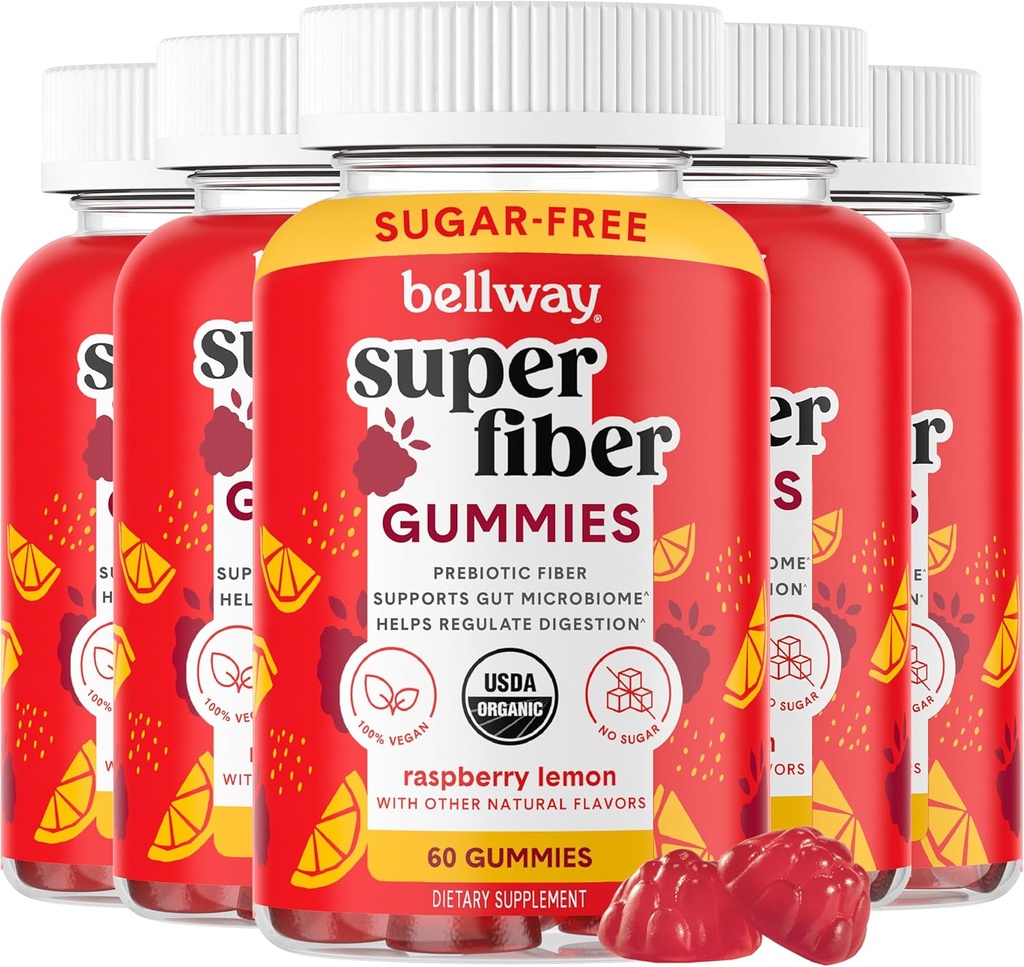 Gommies Super Fibre Bellway pour Adultes (5 Pack) - Supplément de Fibre Bio Sans Sucre Gommies avec 4g de Fibre par portion - Fibre racine de chicorée prébiotique pour Gut Health, Citron aux framboises, 300 Comte