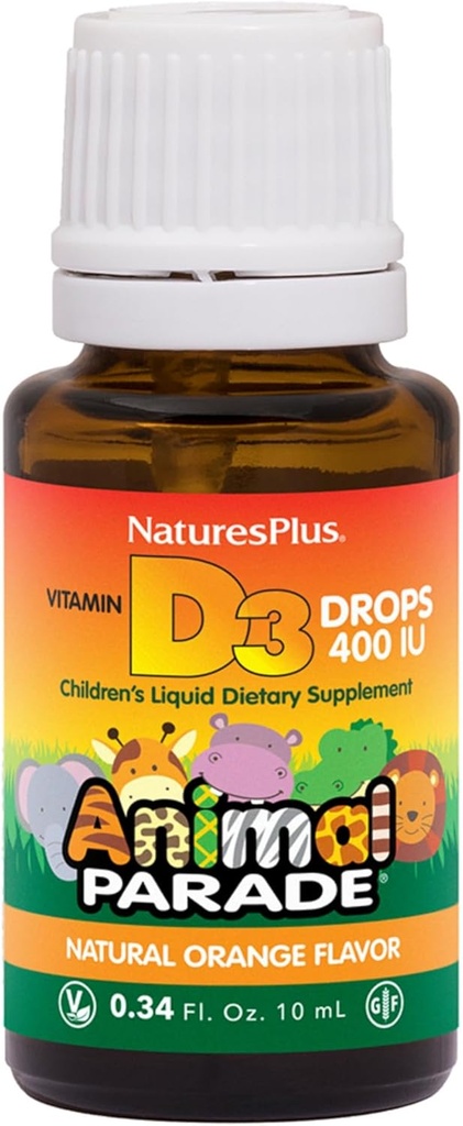 NaturesPlus Parade animale Vitamine liquide D3 gouttes pour enfants - 400 UI, 10 ml - Arôme orange - Supplément de soutien pour la santé des os et du système immunitaire - Sans gluten, végétarien - 365 portions