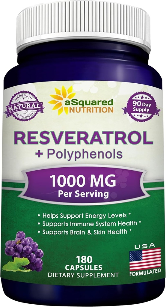 aSquared Nutrition Resveratrol naturel avec extrait de vin rouge - 180 Capsules - Trans Resveratrol Antioxydant Supplément pilules pour la santé du coeur pur - Trans-Resveratrol extra-fort