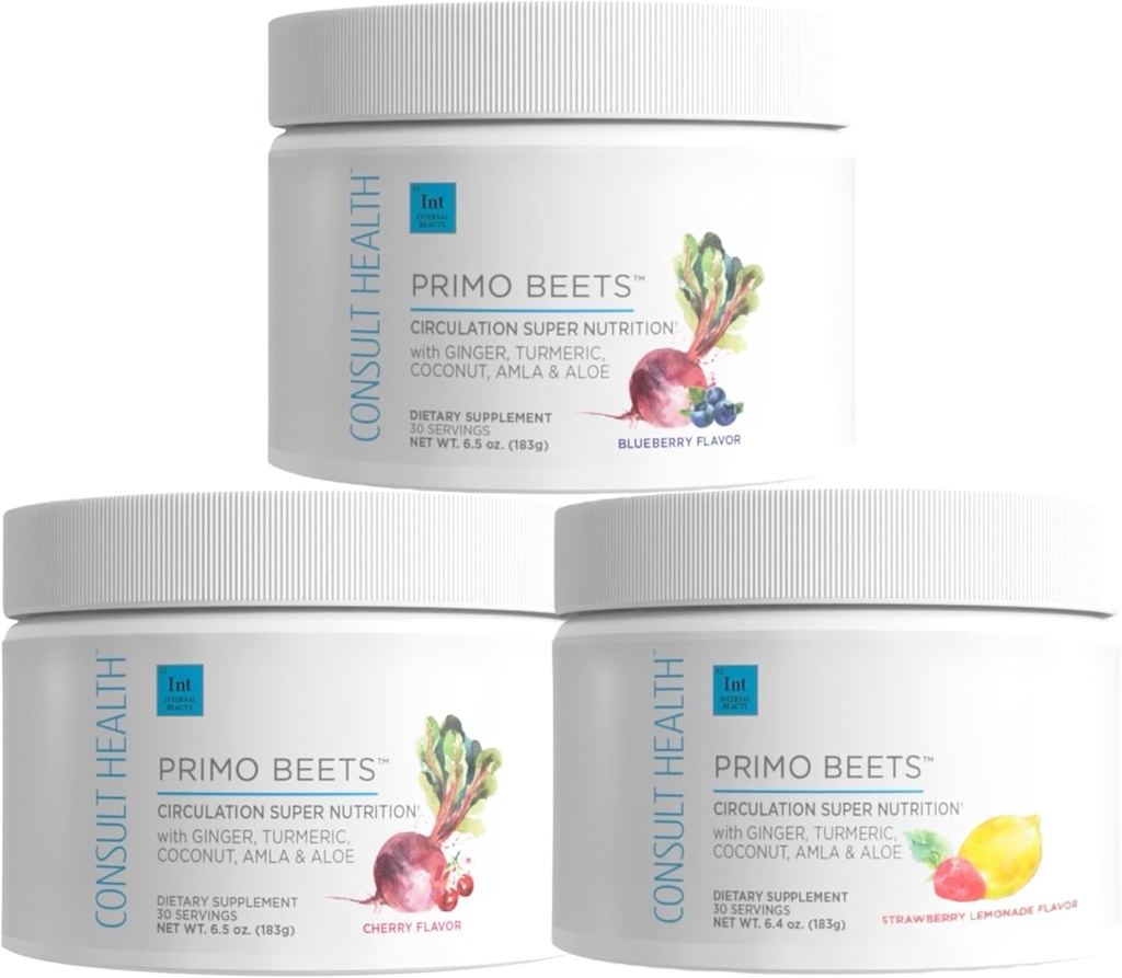 Consultez Santé Primo Beets Beet Root Powder Drink Mix avec des nitrates, support quotidien de la circulation avec gingembre et curcuma, 3 packs de saveurs, cerise, myrtilles et fraises Cimonade 6,5 oz Chaque