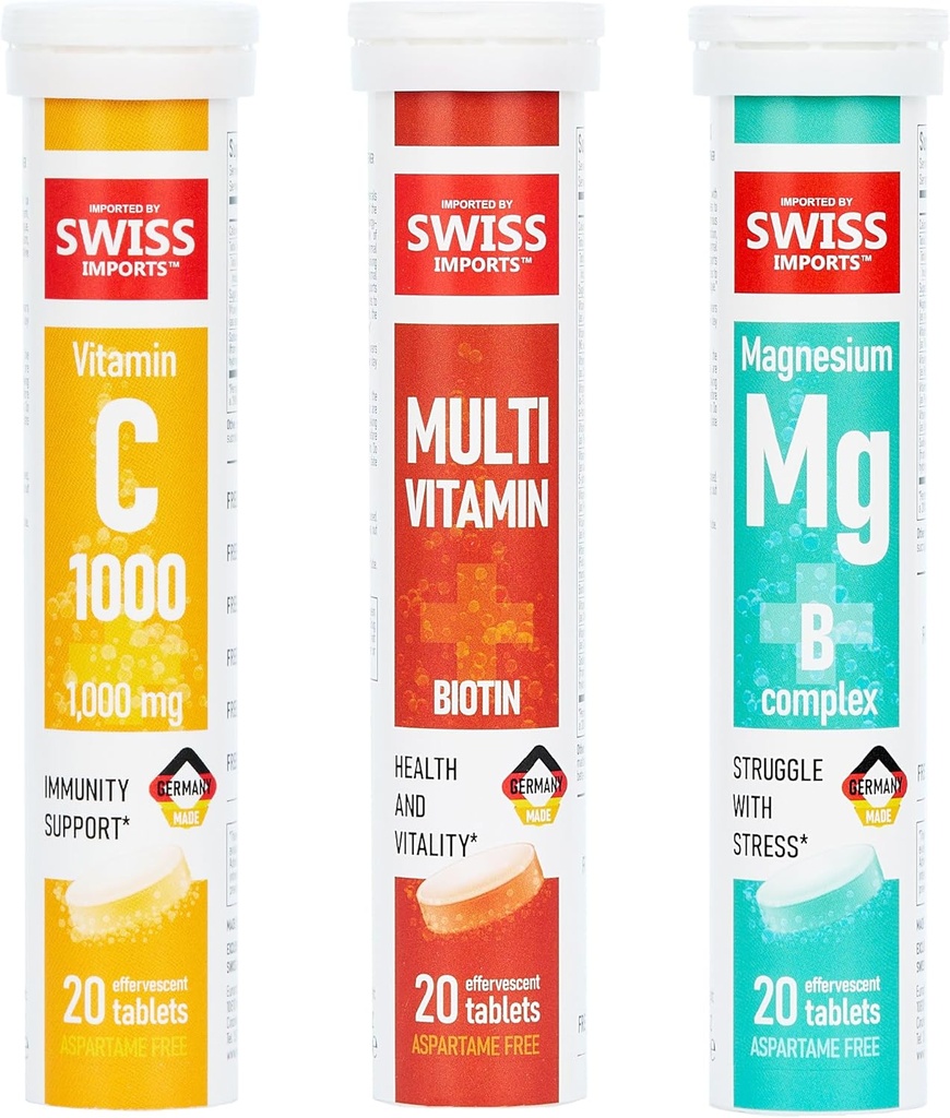 Boîte de variétés effervescentes avec vitamine C 1000mg, Magnésium + Complexe B, Multivitamine + Biotine, 6-Pack, 120 comprimés
