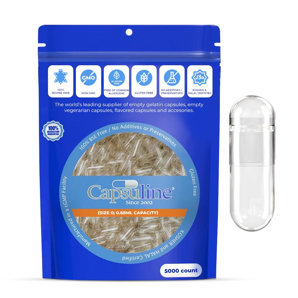 Capsuline Taille 0 Capsules de gélatine vides, claires - 5000 Nombres sans gluten, sans casher, non-OGM Certifié.