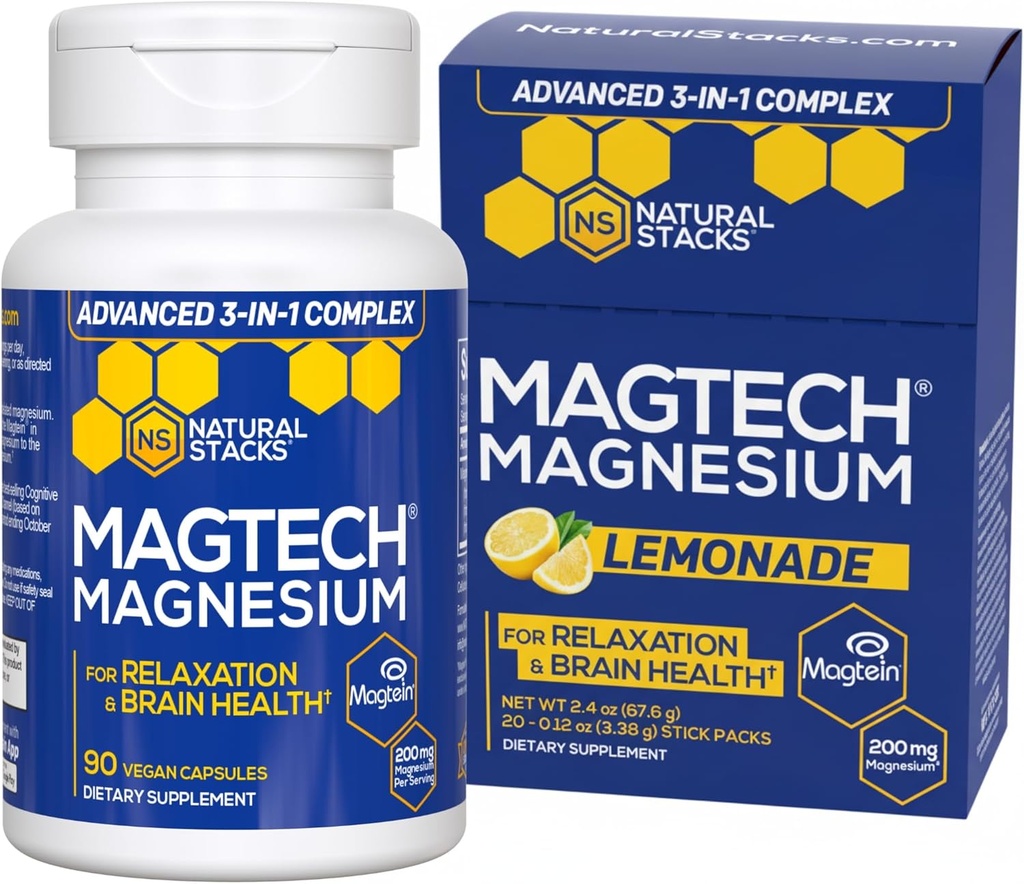 NATURAL STACKS MagTech Magnesium Capsules + Magtech Drink Mix Bundle - Supports Relaxation & Brain Health* - 50 Total Servings