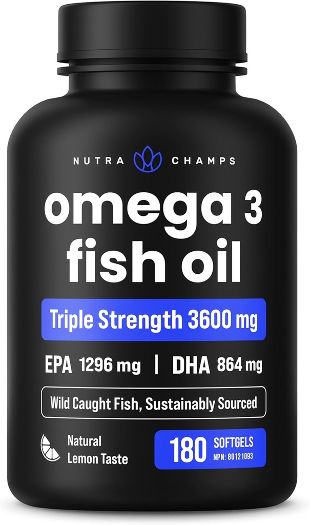 Triple Strength Omega 3 Huile de poisson 3600 mg EPA & DHA... 180 Softgels Supplément d'huile de poisson sans Burpless, prise sauvage... Plus de 2100mg Omega-3 suppléments d'acides gras...