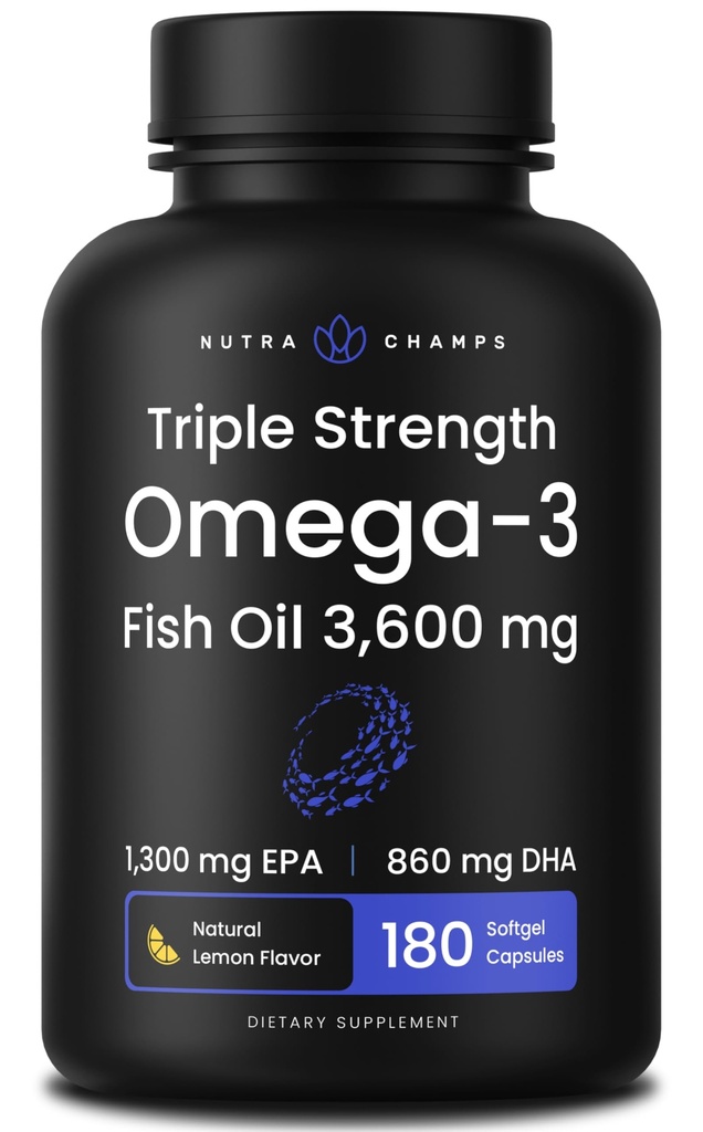 Triple Strength Omega 3 Huile de poisson 3600 mg EPA & DHA... 180 Softgels Supplément d'huile de poisson sans Burpless, prise sauvage... Plus de 2100mg Omega-3 suppléments d'acides gras...