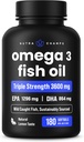 Triple Strength Omega 3 Huile de poisson 3600 mg EPA & DHA... 180 Softgels Supplément d'huile de poisson sans Burpless, prise sauvage... Plus de 2100mg Omega-3 suppléments d'acides gras...