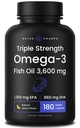 Triple Strength Omega 3 Huile de poisson 3600 mg EPA & DHA... 180 Softgels Supplément d'huile de poisson sans Burpless, prise sauvage... Plus de 2100mg Omega-3 suppléments d'acides gras...