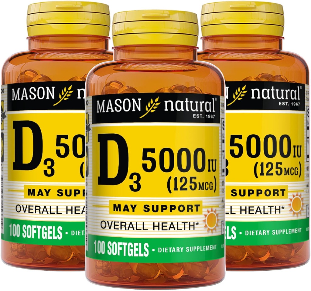 MASON NATURAL Vitamine D3 125 mcg (5000 UI) - Soutient la santé globale, renforce les os et les muscles, à partir de l'huile de foie de poisson, 50 softgels (paquet de 3)