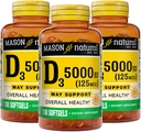 MASON NATURAL Vitamine D3 125 mcg (5000 UI) - Soutient la santé globale, renforce les os et les muscles, à partir de l'huile de foie de poisson, 50 softgels (paquet de 3)