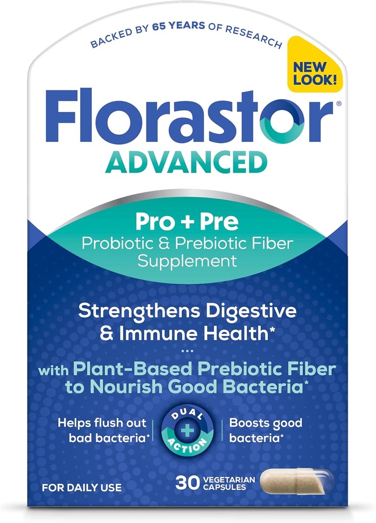 Florastor Select Pro+Pre Supplément probiotique et prébiotique quotidien pour les femmes et les hommes, stimule les bonnes bactéries, Saccharomyces Boulardii CNCM I-745 (30 capsules) (paquet de 1)