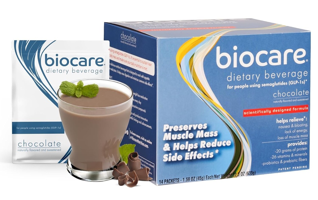 Biocare Boissons nutritives pour les utilisateurs de GLP-1, boisson en poudre diététique fournit 20g de protéines essentielles, 26 vitamines/minéraux, aide les nausées d'Ease, Bloating, Constipation, Chocolat (14 comte)