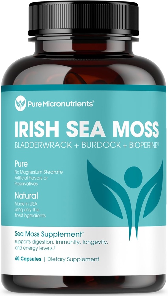 Pure Micronutriments Irish Sea Moss Capsules - Pilules Irlandaises Bio avec Bladderwrack, Burdock & Black Pepper pour l'énergie, l'immunité, la thyroïde, la digestion, le coeur et la santé des os