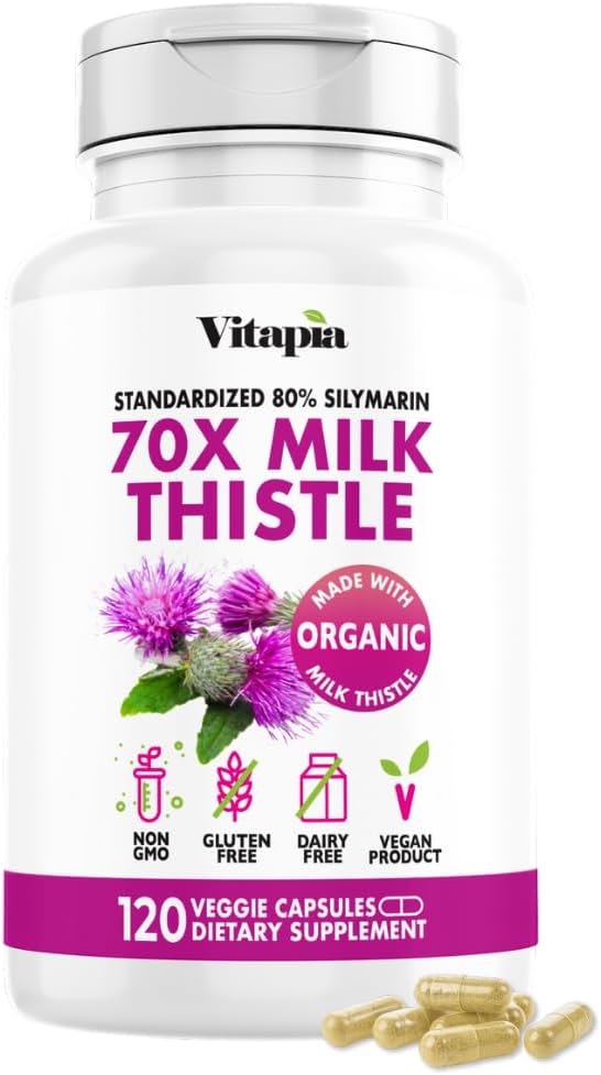 Vitapia Organic Milk Thistle Extract 70:1 Supplement - Liver Cleanse Detox & Repair, Liver Health Support, Antioxidants - 120 Vegan Capsules, Non GMO, Gluten Free