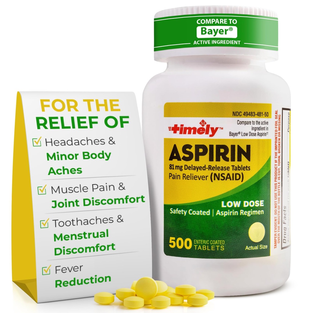 Aspirine à faible dose en temps opportun 81mg pour les adultes - soulagement de la douleur pour les mineurs et réducteur de fièvre - comparé à l'ingrédient actif dans Bayer - Aspirine enrobée entérique à faible concentration - 500 comprimés