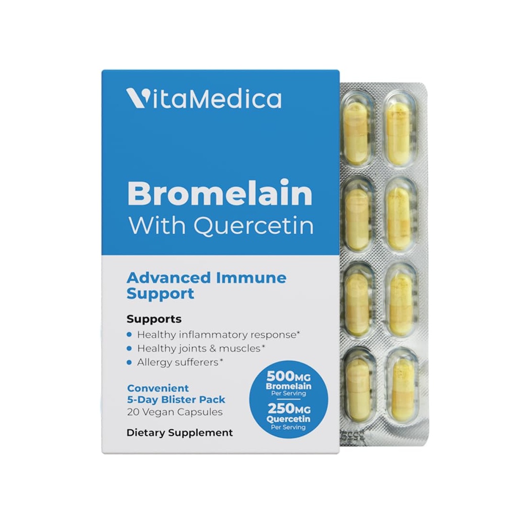 VitaMedica Bromelain & Quercetin Supplément - 500mg Bromelain 250mg Quercetin - 2400 GDU pour l'immunité, le soutien articulaire, l'inflammation et la récupération musculaire - 20 Capsules Vegan - 5 jours d'approvisionnement