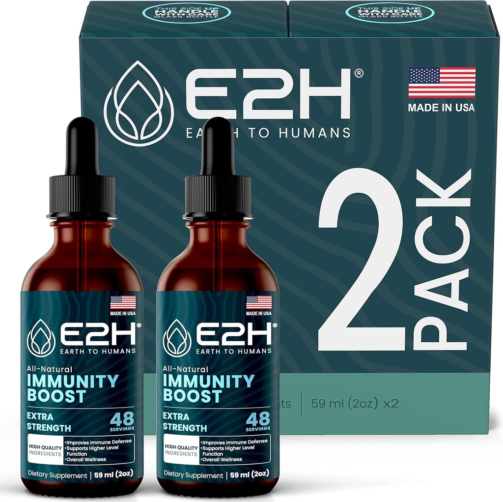 E2H Supplément avancé de défense immunitaire - All-Natural Imune Booster - Suppléments de soutien immunitaires gouttes - Contient Saint Basilic, Feuilles Papaya et Polypore Bande Rouge - Non-OGM, Vegan (2 bouteilles)