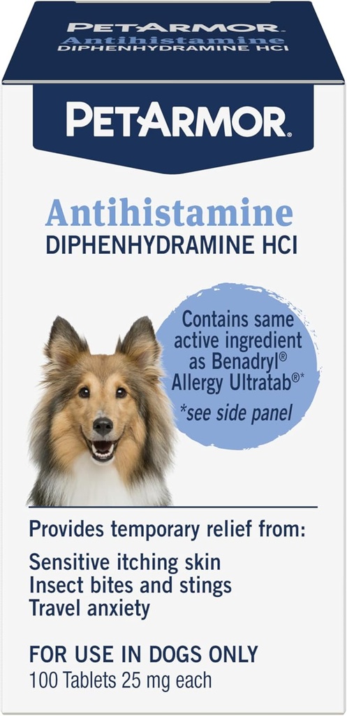 PetArmor Antihistamine Allergie Relief pour les chiens, la médecine allergique facile à utiliser pour les chiens, la médecine anti-Itch offre un soulagement des piqûres d'insectes, et des piqûres, 100 comprimés