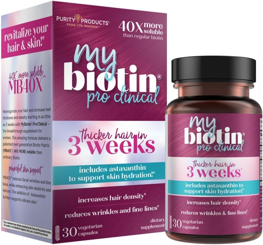 Produits de pureté MyBiotin ProClinical – Cheveux plus épais à partir de 3 semaines & combats rides - MB40X Breveted Biotin Matrix w/Astaxanthin - 40X Plus Soluble vs Ordinary Biotin 30 Veg Cap