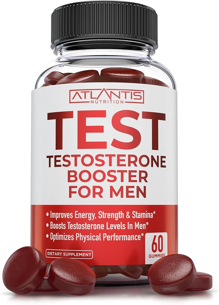 Atlantis Nutrition Testostérone Booster pour les hommes Gummies - Male Enhancement, stimule l'énergie, et optimise la performance physique Formuled w/Tribulus, Horny Goat Weed, Saw Palmetto, Maca Root - 60 Gummies