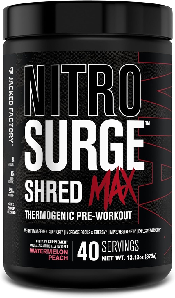 Jacked Factory Nitrosurge Shred Max Preworkout - High-Performance Thermogenic Pre Workout Powder for Men and Women - L Citrulline, Acetyl L Carnitine, Organic Caffeine - 40 Servings, Watermelon Peach