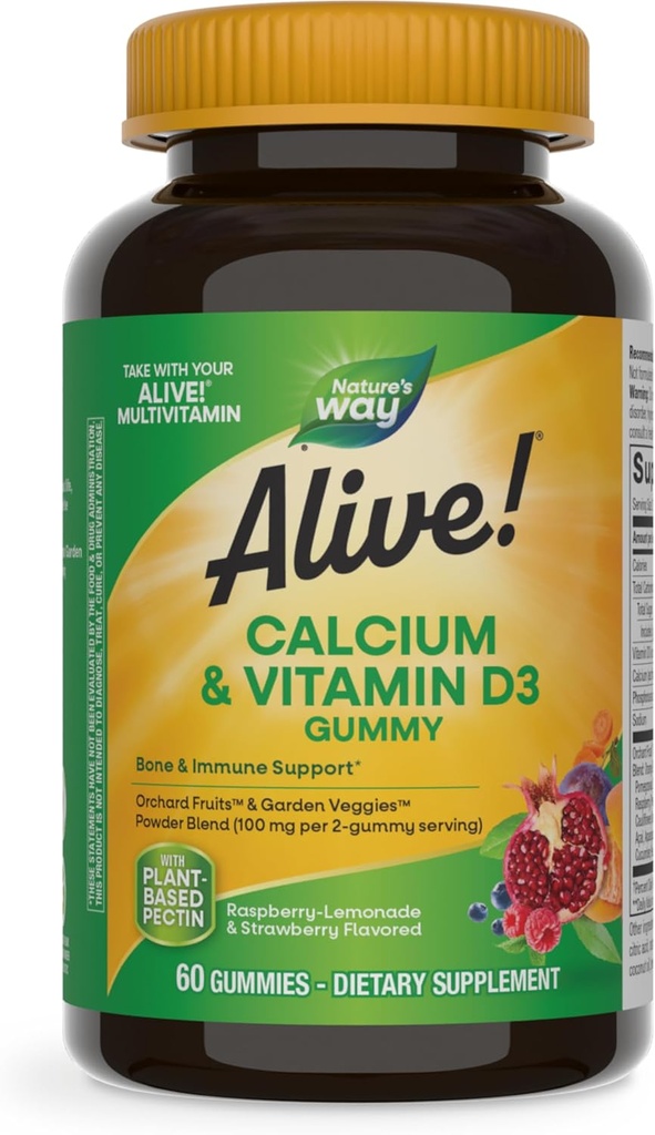 Nature's Way Alive! Daily Calcium & Vitamin D3 Gummies, Bone Support*, Immune Support*, Strawberry and Raspberry Lemonade Flavored, 60 Gummies