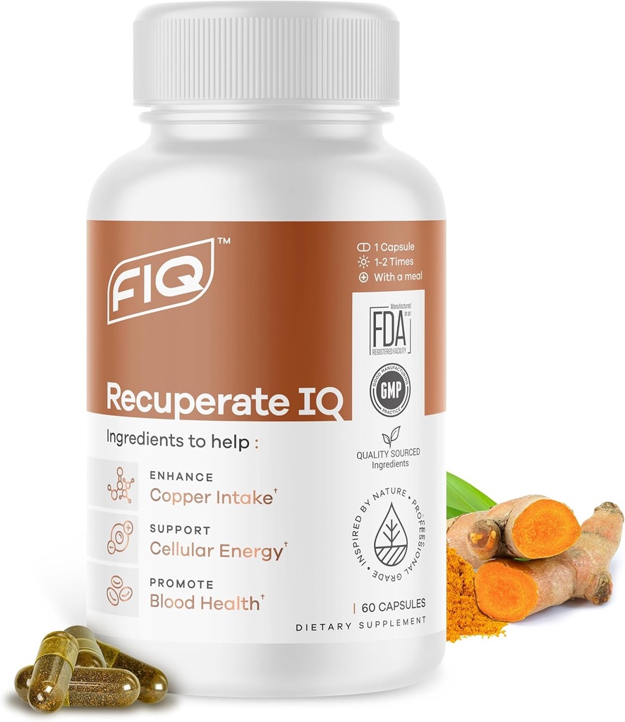 FIQ - Recuperate IQ - 5-in-1 Copper Supplements with Copper Bisglycinate - Easy-to-Swallow 2mg Capsules - High Absorption, Boosts Energy - 60 Capsules