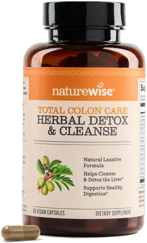 Naturewise Total Colon Care Herbal Cleanse - Avec Prébiotiques, Botaniques et Antioxydants - pour le mouvement régulier Bowel, Digestion, Santé Gut - Vegan, Sans gluten, Non-OGM - 60 Capsules[2-Mois]