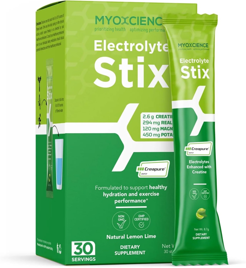 MYOXCIENCE Electrolyte STIX | Creatine Electrolyte Powder | Recovery from Exercise & Muscle Development w/Real Salt (Lemon Lime Flavor) (Stix 30 ct)
