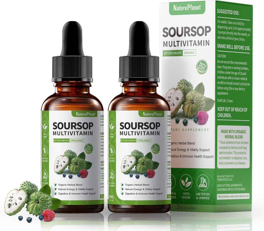 Susop Bitters gouttes liquides avec vitamine C, D3, B6, Sousop Fruits et Extrait de feuille + 10 Bitters Botaniques pour Imune Soutien Digestion santé Boost antioxydant non-OGM Vegan 120mL/4 Fl Oz