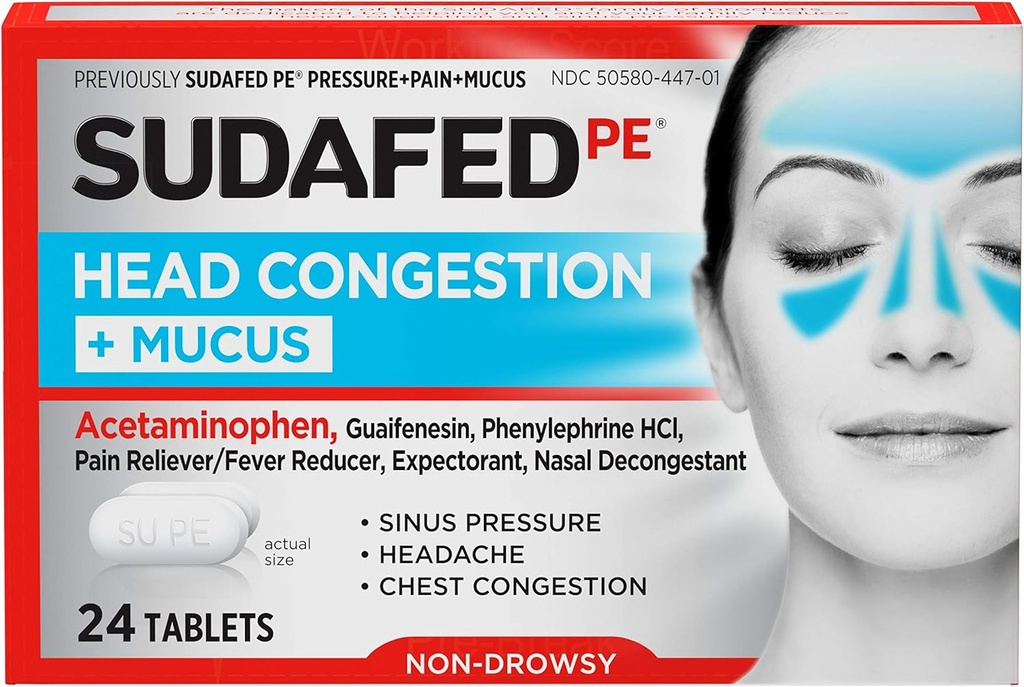 Congestion tête de PE soudée + comprimés mucus pour pression sinusale, douleur et congestion, 24 ct