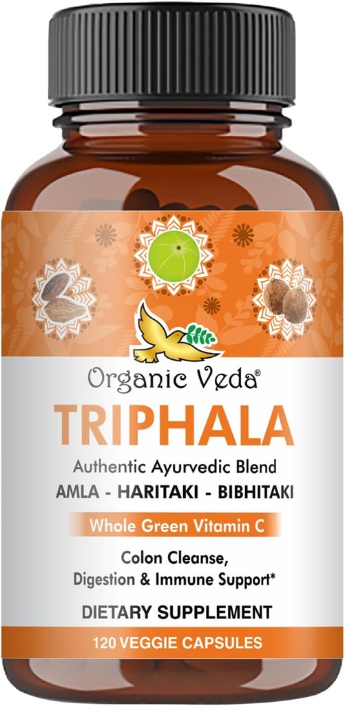 Capsules Veda Triphala Bio - Extraction d'Amla Ultra Concentré Supplément de Triphala Bio avec Vitamine C Naturelle - pour Nettoyage Colon, Radiance Peau, Immunité et Digestion - 120 Pills Vegan