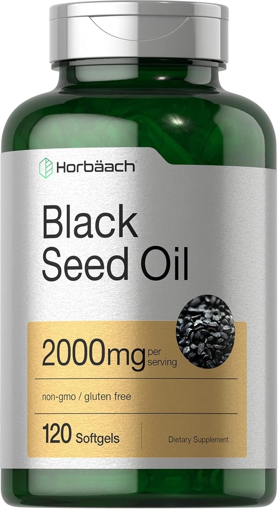 Horbaach Black Seed Oil Cold Pressed Softgel Capsules $ 2000mg $ 120 Count $ Supplément avec Omega 6 et 9 $ Nigella Sativa $ Non-OGM et sans gluten