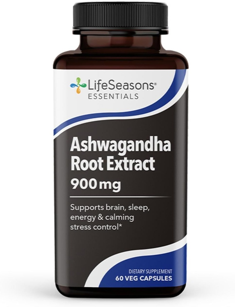 LifeSeasons Essentials Ashwagandha - Supplément Stress & Sleep Support - L'esprit calme et concentré - Améliore la performance athlétique et la fonction cérébrale - 900mg par 2 Capsules - 60 Capsules